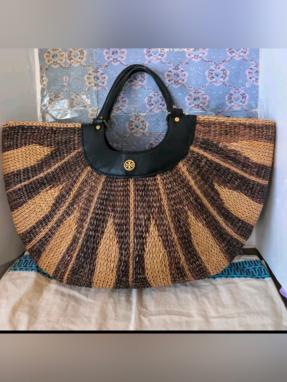 Tory Burch Two-Tone Woven Straw Tote in Black and Natural